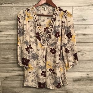Joie Ecru Floral Braided V Neck ¾ Sleeve Blouse XS